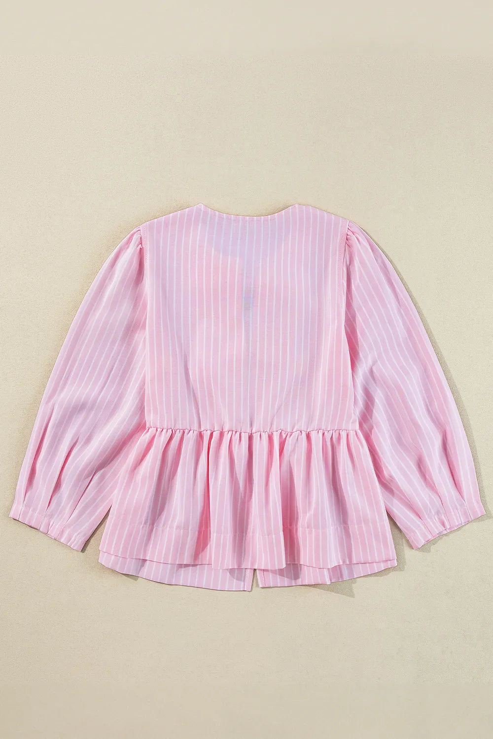 Tied Bow Striped Round Neck Blouse in Blush Pink, view 5