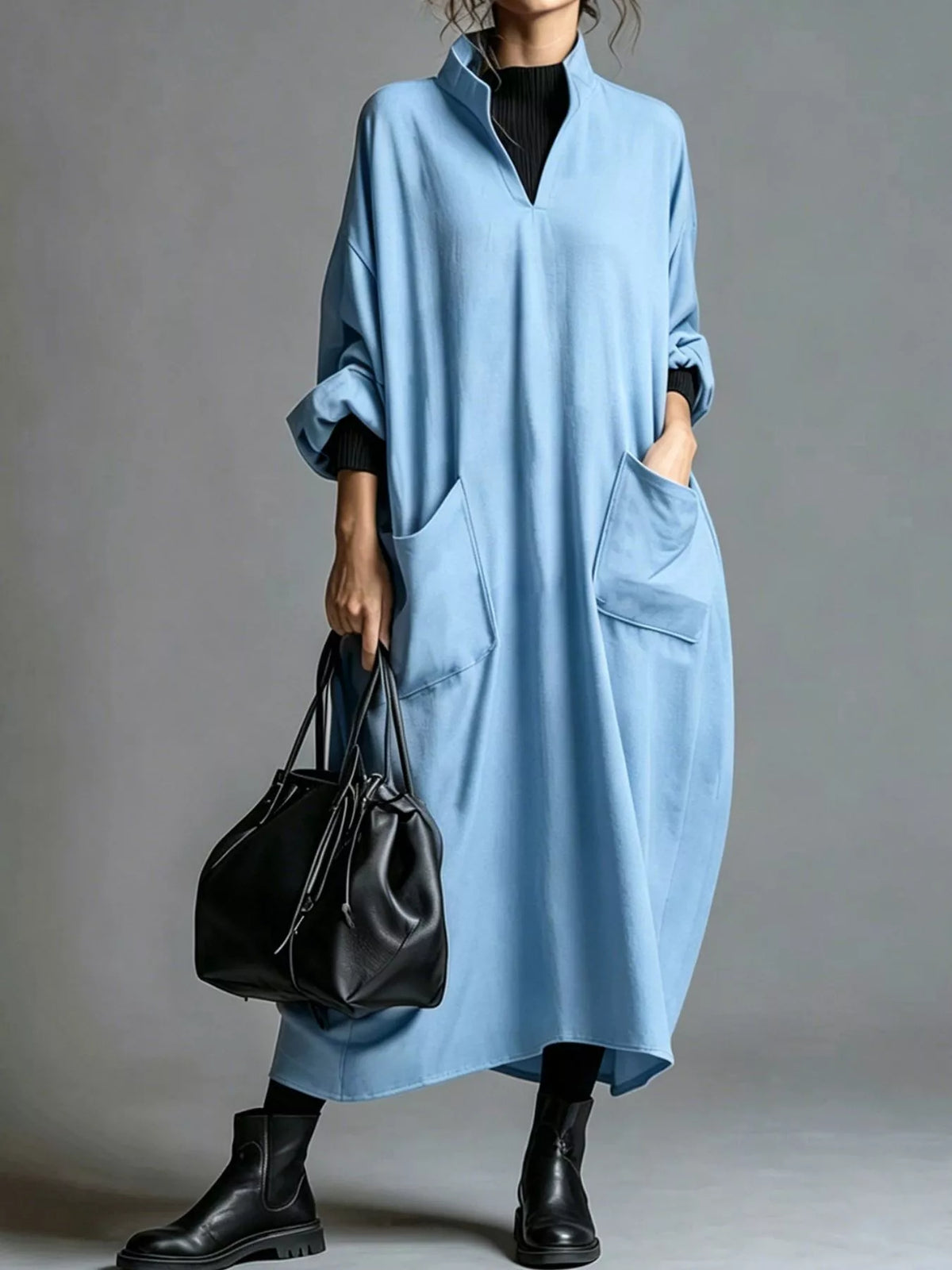Full Size Loose-Fit Mock Neck Midi Dress with Pockets Plus Size - Lilixa.store
