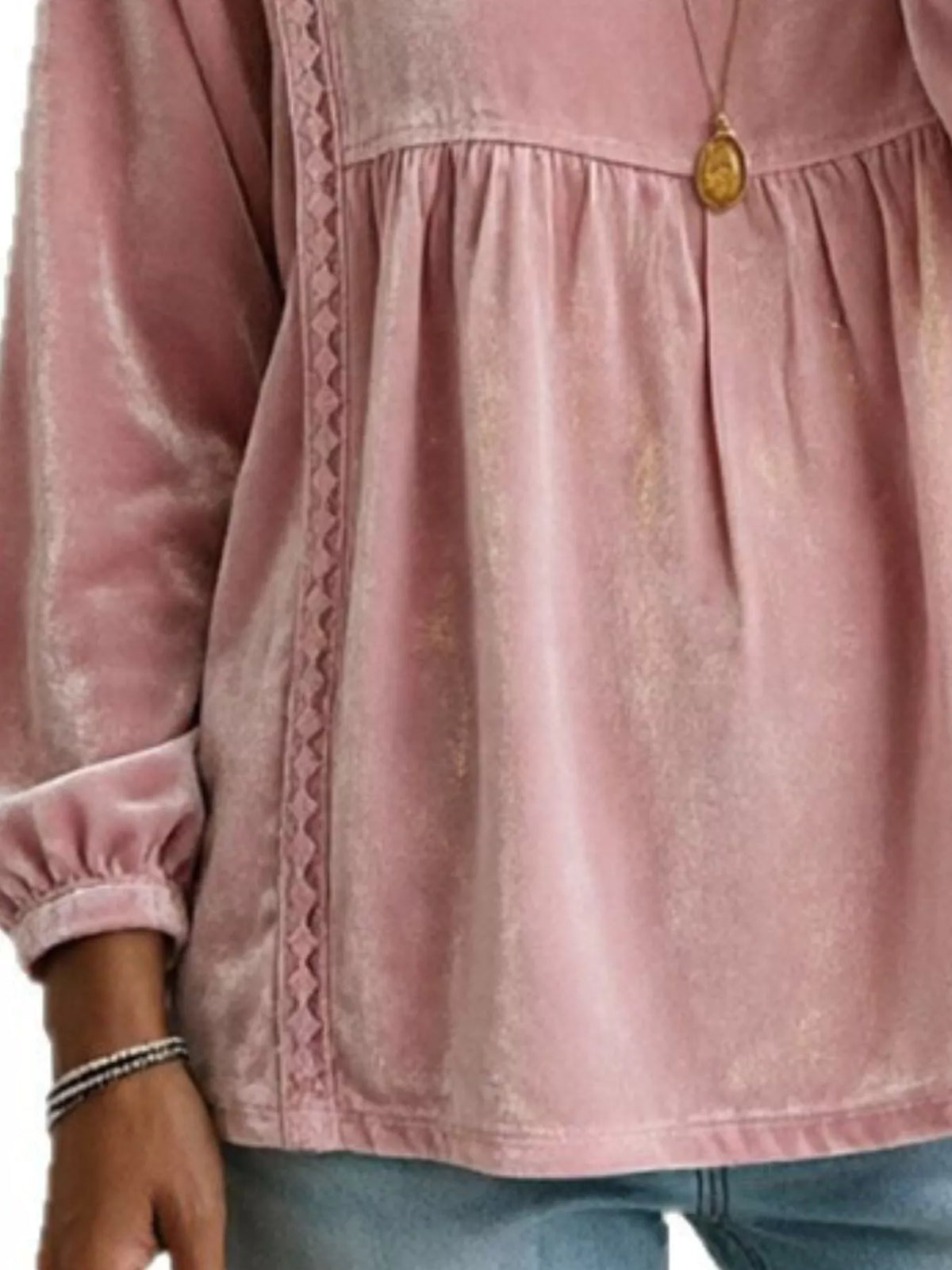 Full Size V-Neck Long Sleeve Velvet Blouse with Lace Trim Plus Size - Lilixa.store