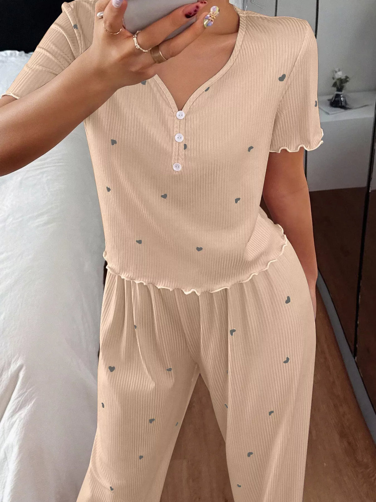 Heart Print Lettuce Trim Top and Pants Loungewear Set