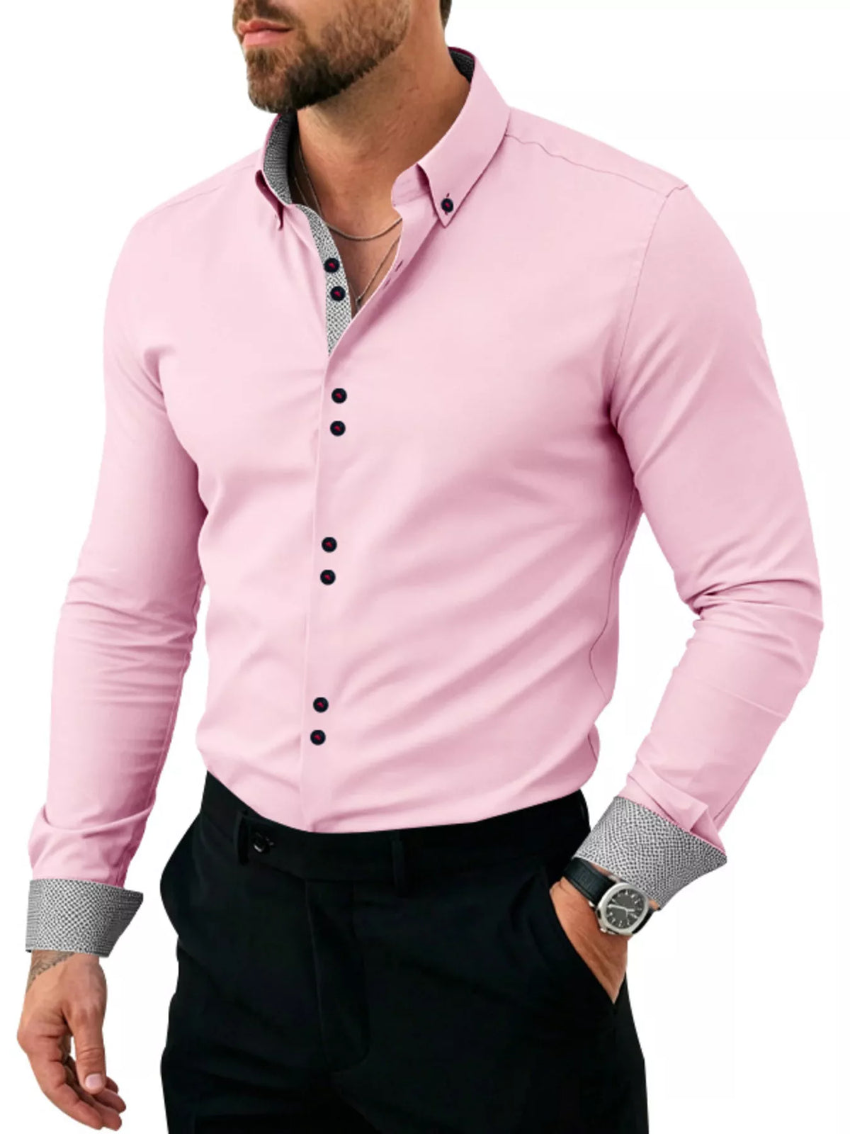 Men's Full Size Slim Fit Contrast Trim Shirt Plus Size - Lilixa.store