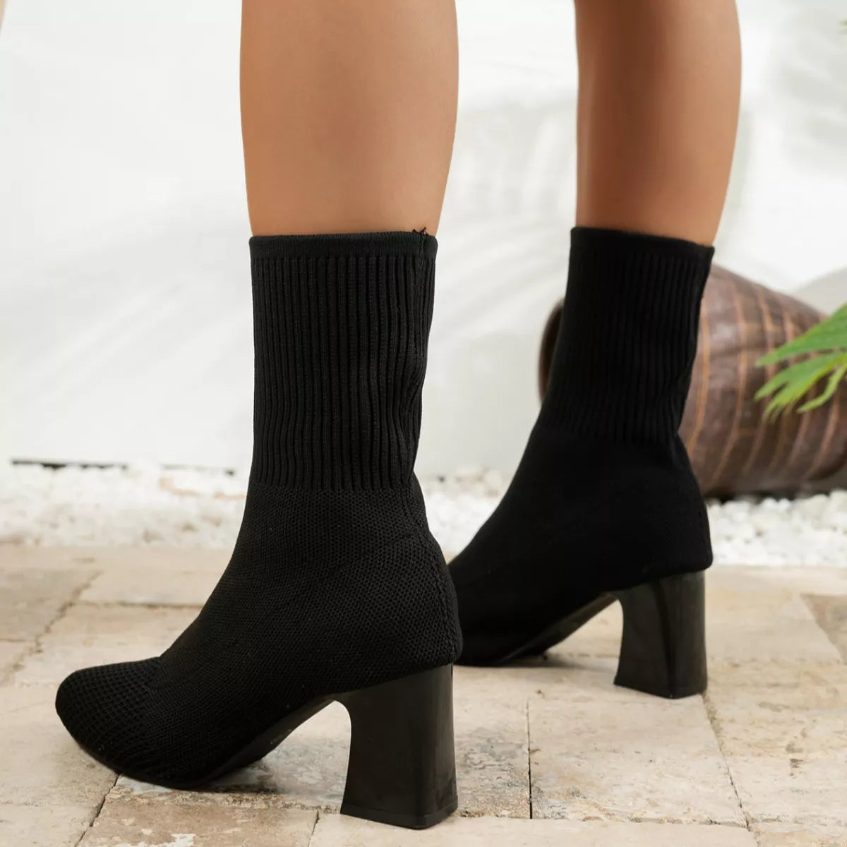 Point Toe Knit Sock Boots with Block Heels - Lilixa.store