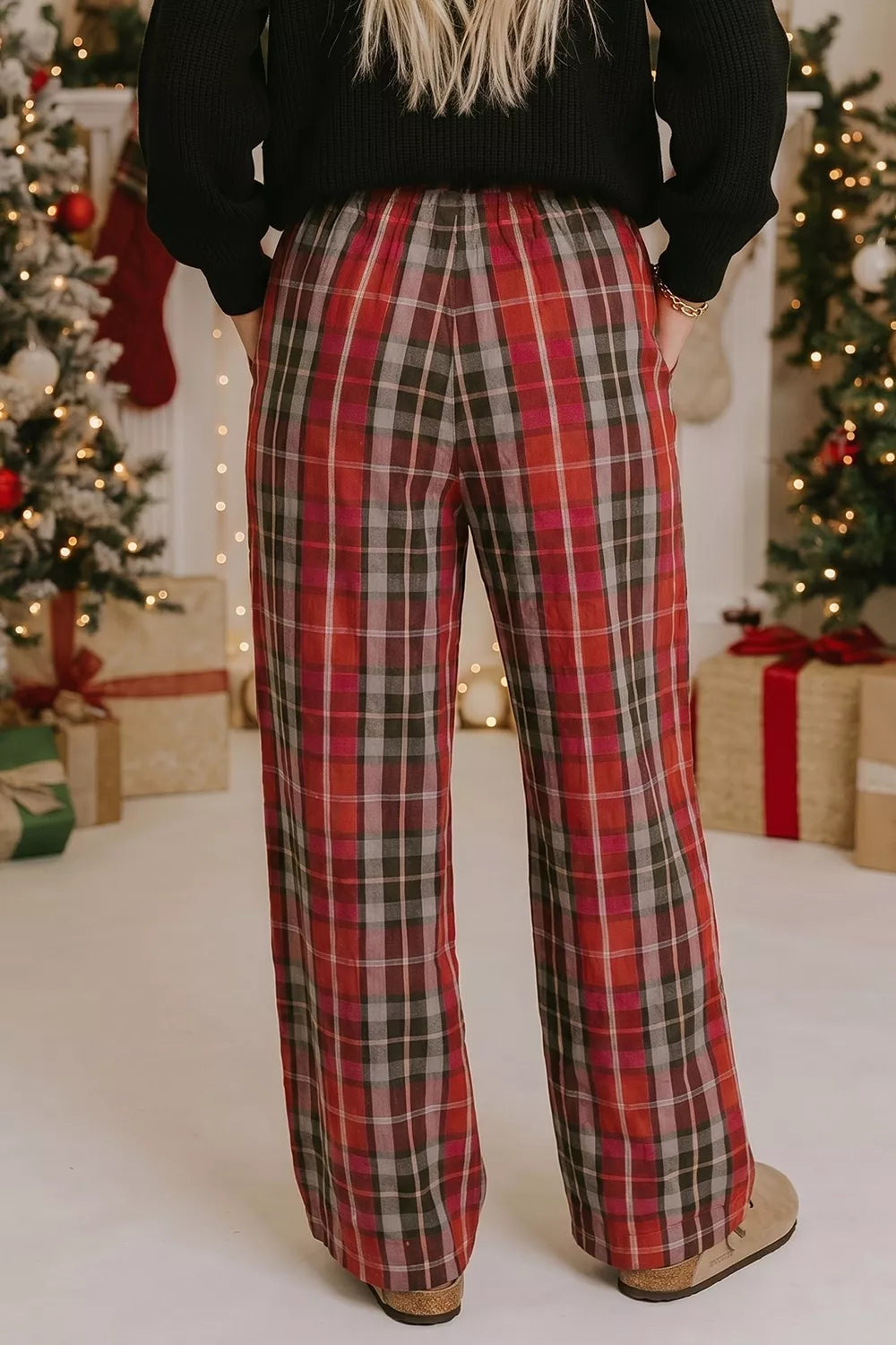 Plaid Elastic Waist Pocket Regular Full-Length Pants