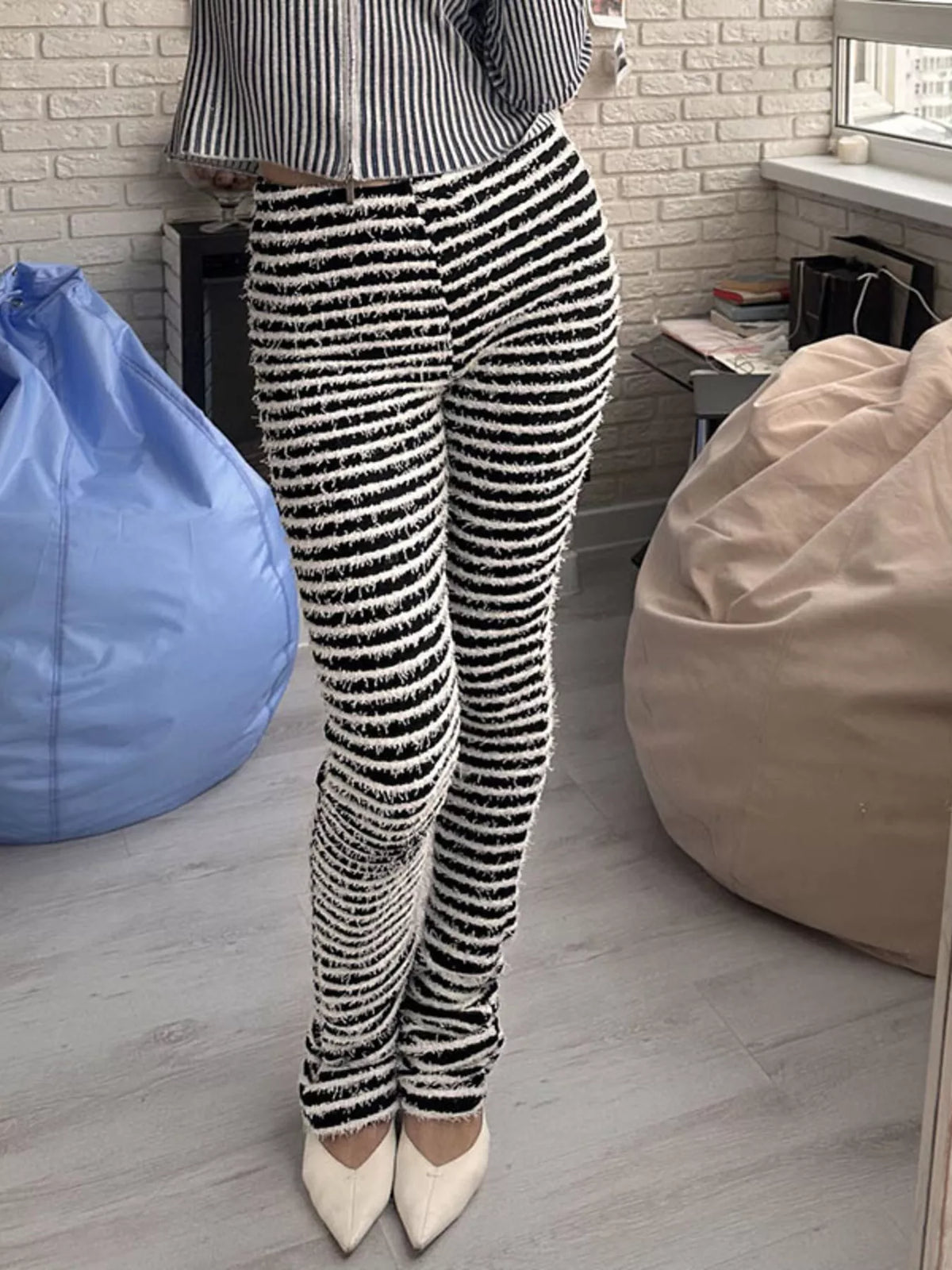 Striped Fuzzy Textured Knit Pants in Black And White