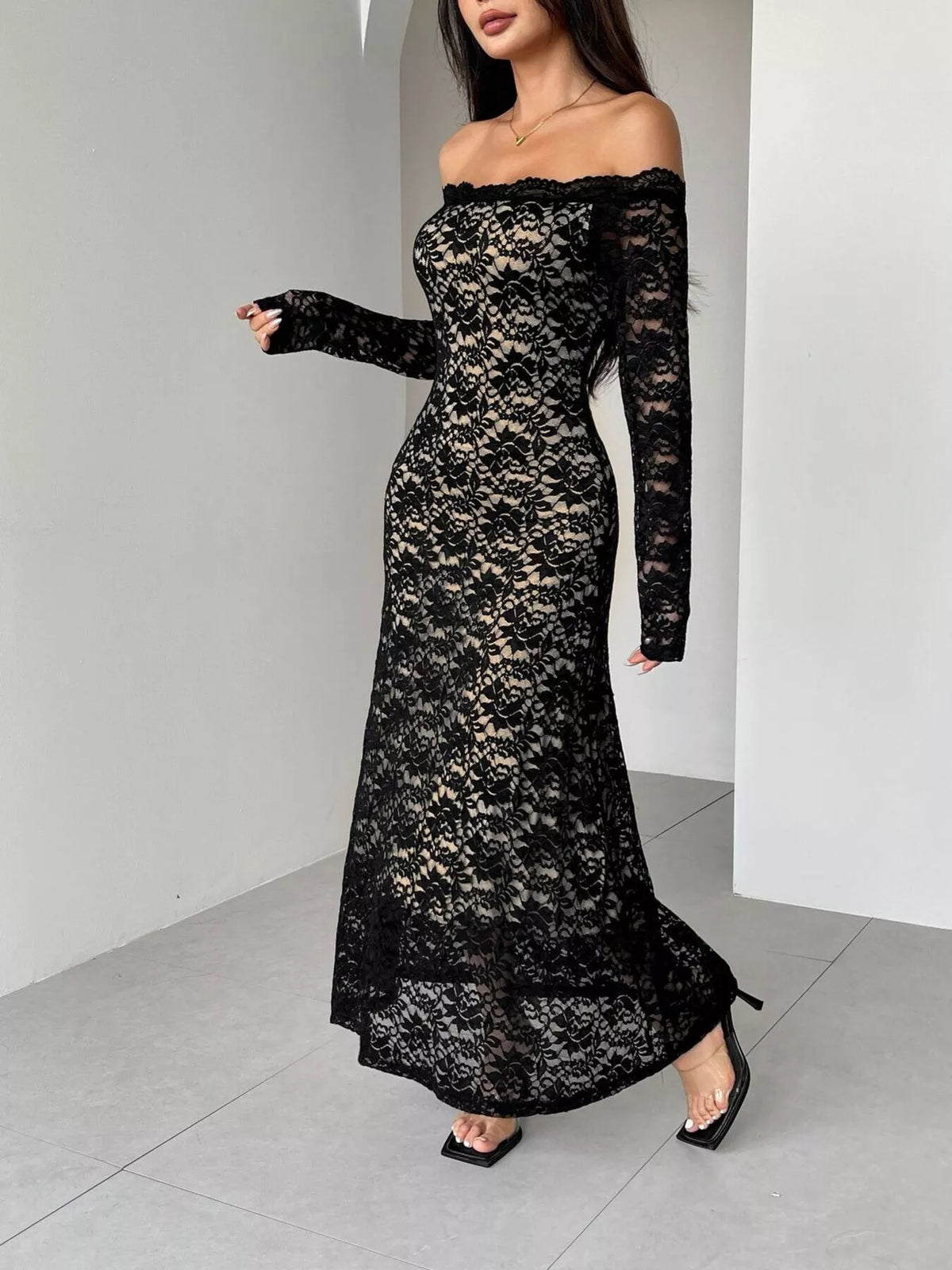 Off-Shoulder Lace Maxi Dress - Lilixa.store