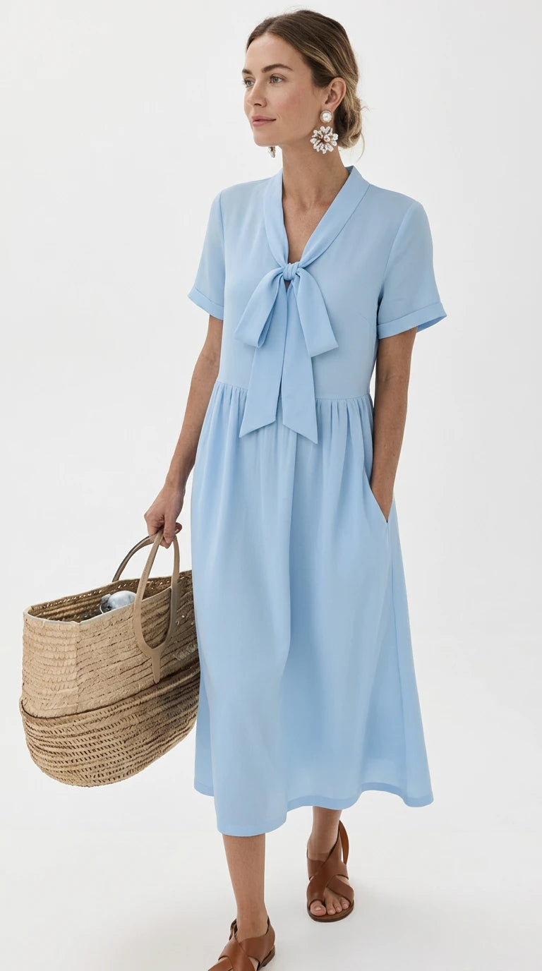 Bow-Tie Short Sleeve Midi Dress in Light Blue