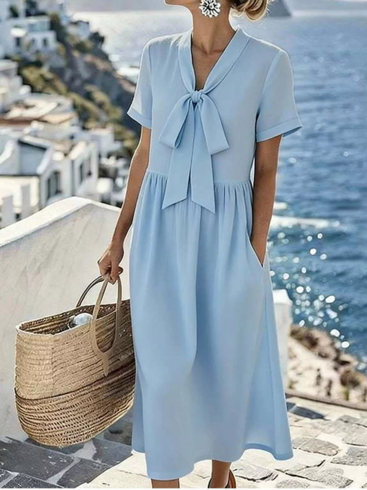 Bow-Tie Short Sleeve Midi Dress