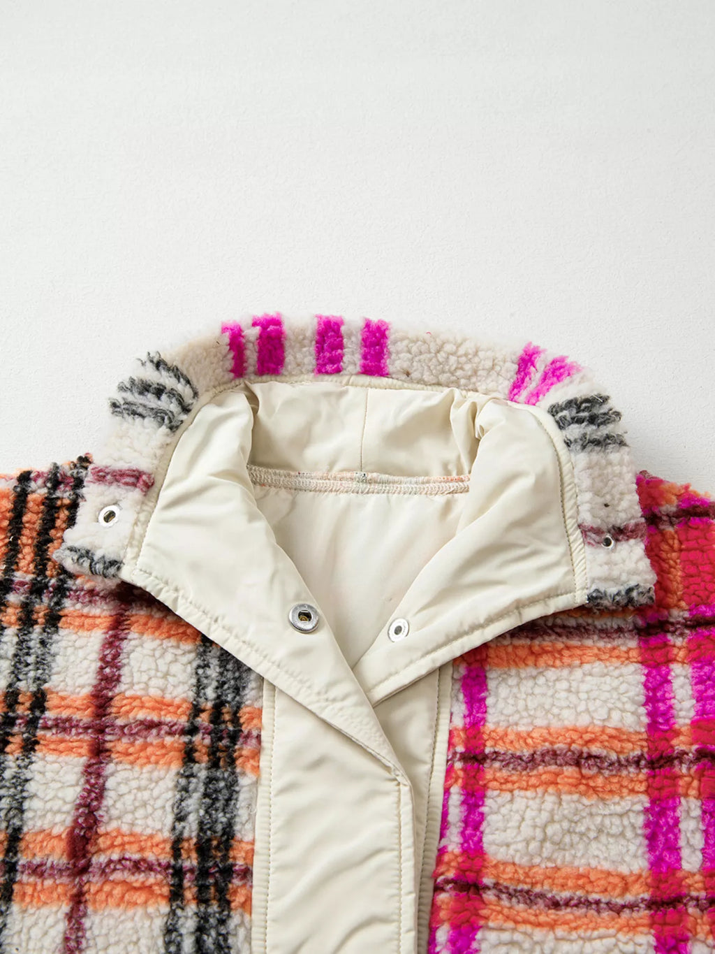 Sherpa Plaid Snap Down Vest Coat - Lilixa.store
