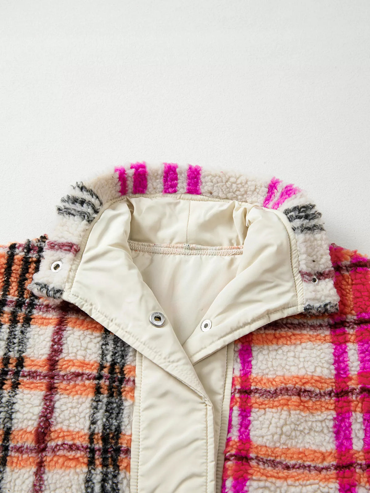 Sherpa Plaid Snap Down Vest Coat - Lilixa.store