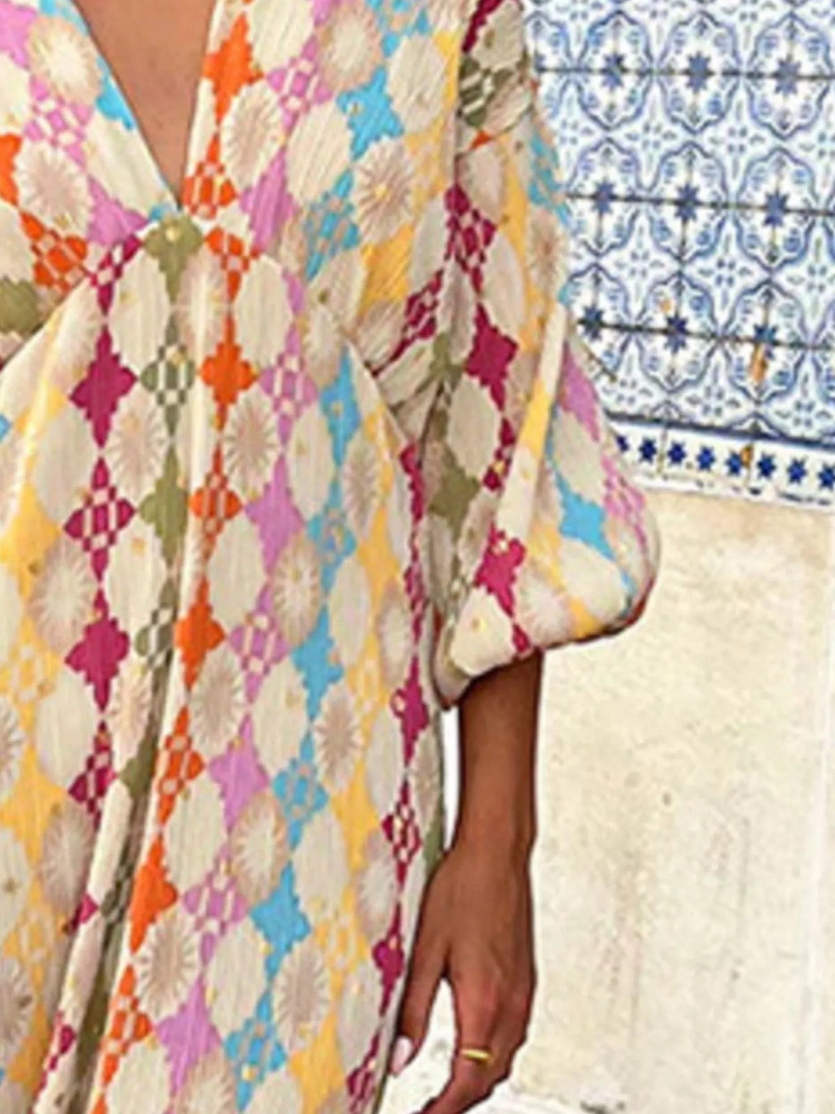 Full Size V-Neck Multi-Color Geometric Print Maxi Dress Plus Size - Lilixa.store