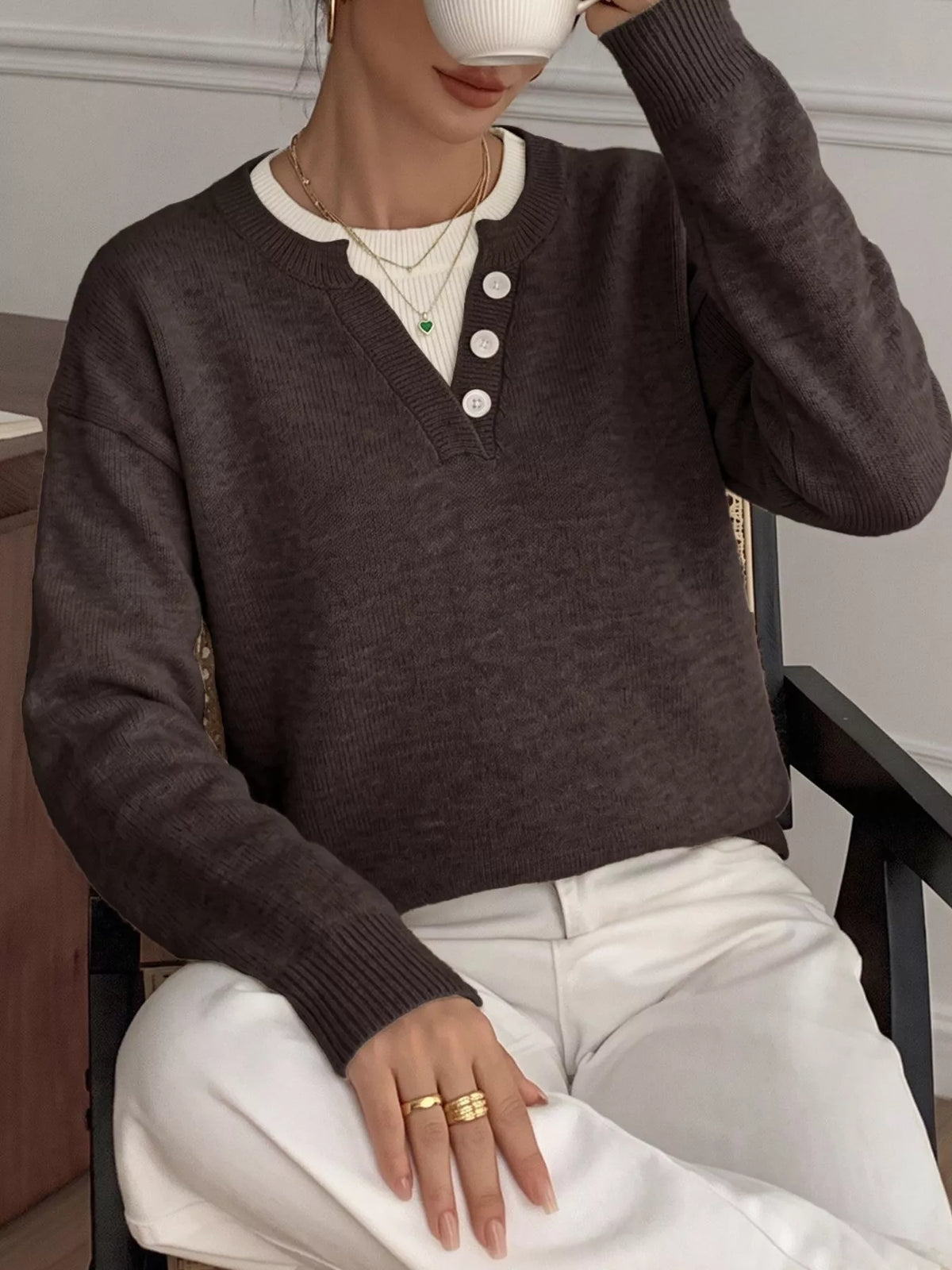 Decor Button-Placket Ribbed Knit Sweater