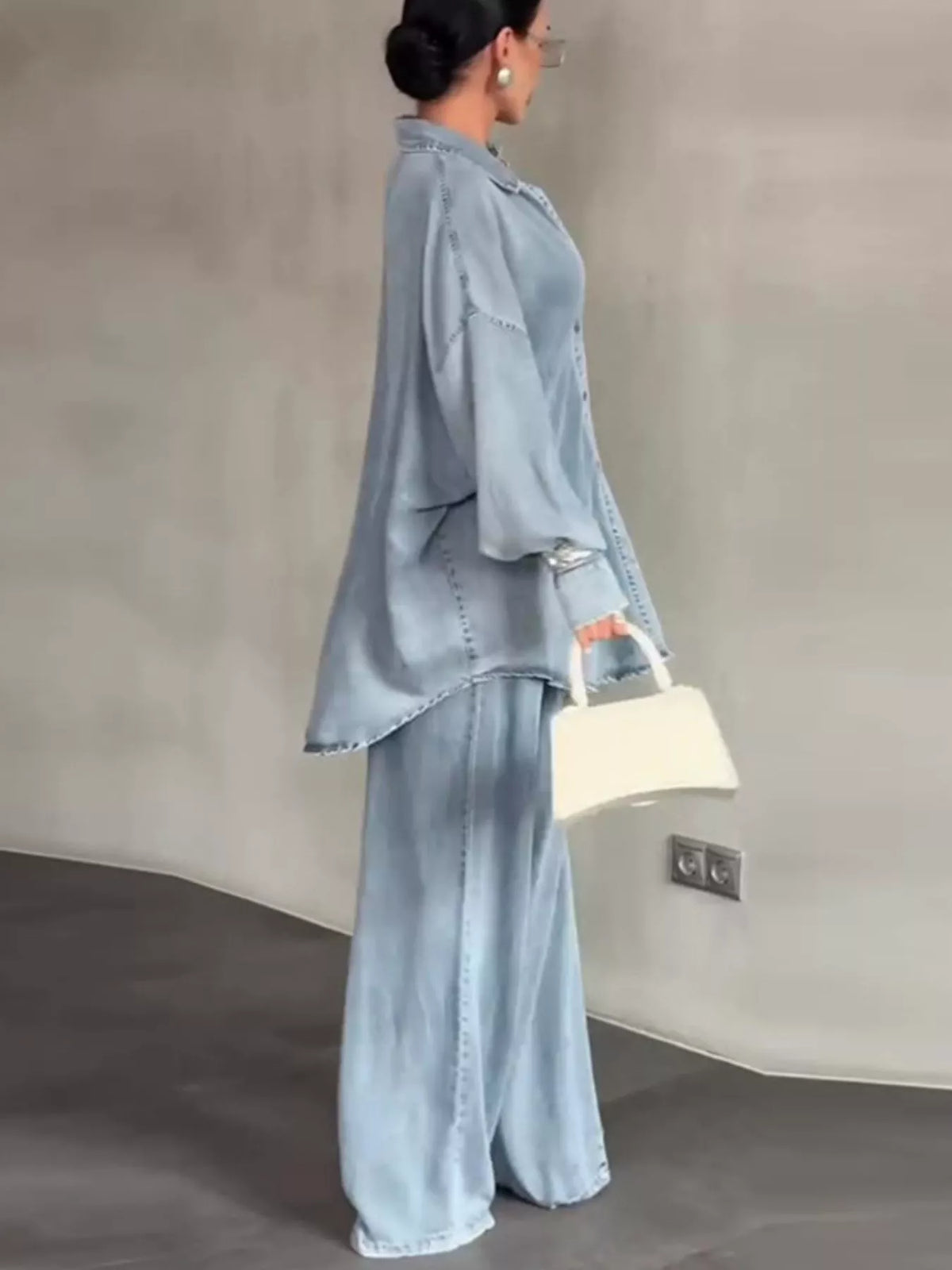 Wash Button Up Shirt and Wide-Leg Pants Denim Set in Light Blue, view 4