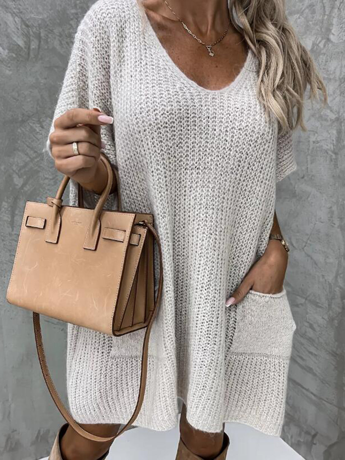 Short Sleeve Sweater Dress with Pockets, view 5