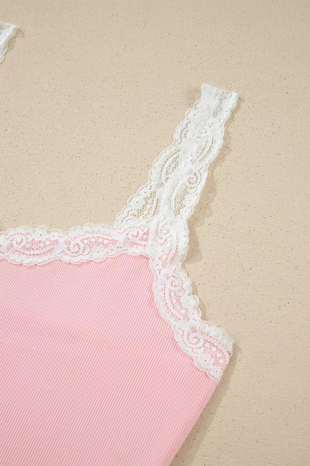 Ribbed Knit Lace Straps Patchwork Lettuce Hem Cropped Top Floral Short Lounge Set - Lilixa.store