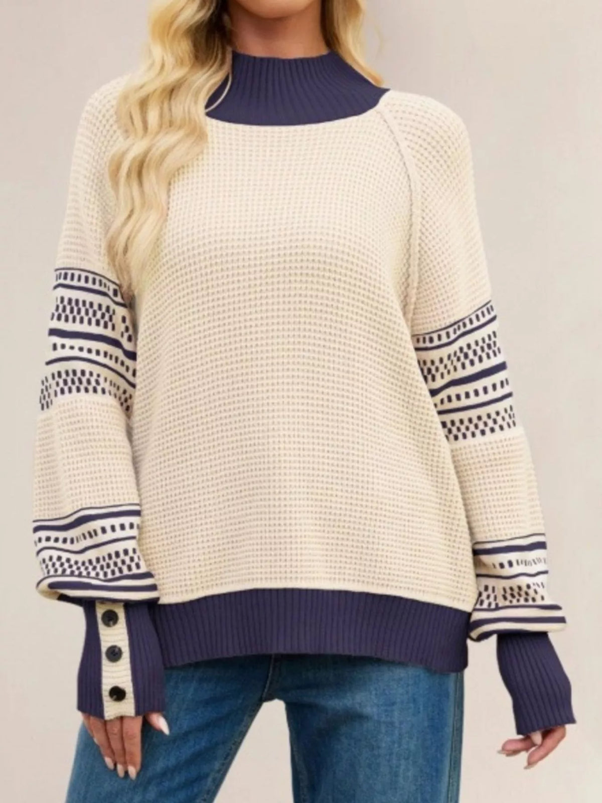 Waffle Knit Mock Neck Sweater - Lilixa.store