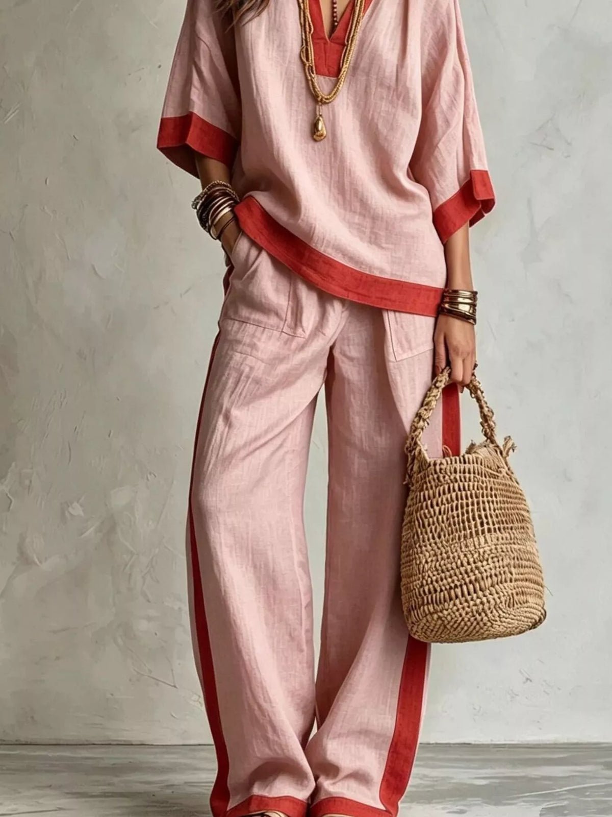 Full Size Contrast Trim Top and Wide Leg Pants Set Plus Size