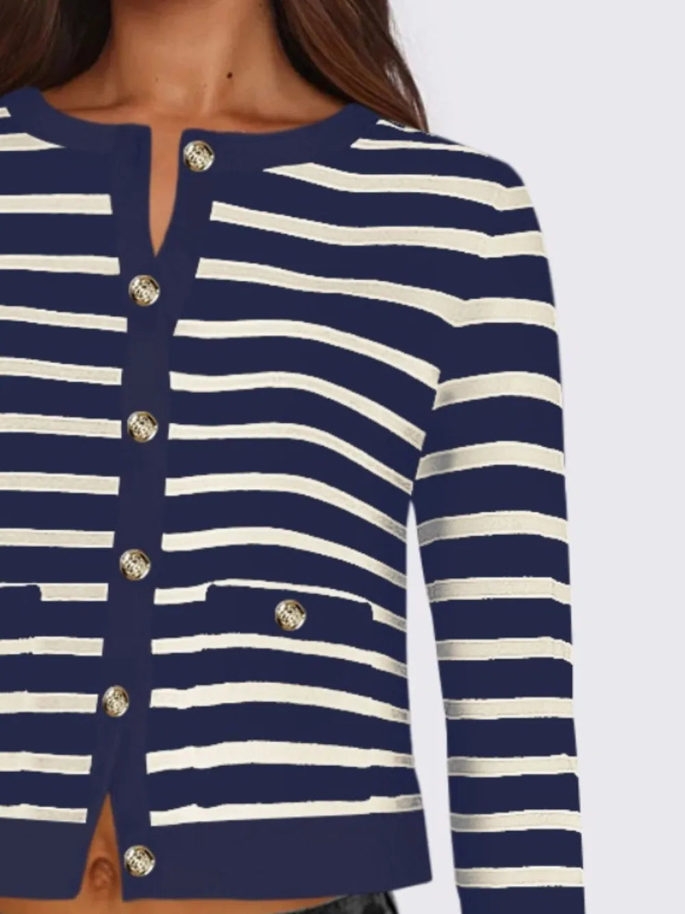 Striped Round Neck Button Up Long Sleeve Cardigan - Lilixa.store