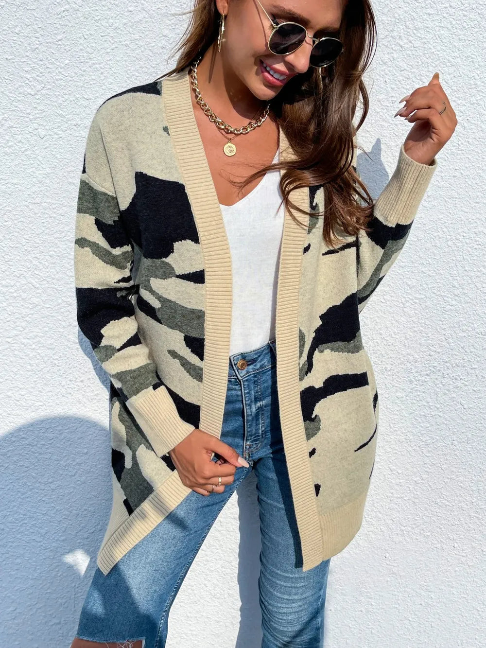 Camouflaged Dropped Shoulder Open Front Cardigan - Lilixa.store