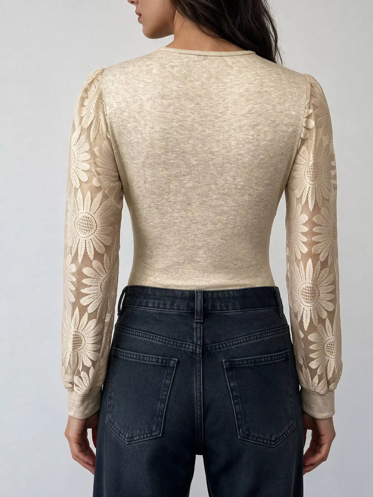 V-Neck Lace Trim Floral Mesh Sleeve Bodysuit - Lilixa.store