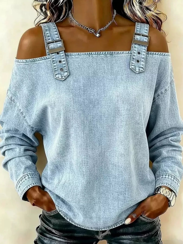 Full Size Buckle Strap Long Sleeve Denim Top Plus Size - Lilixa.store
