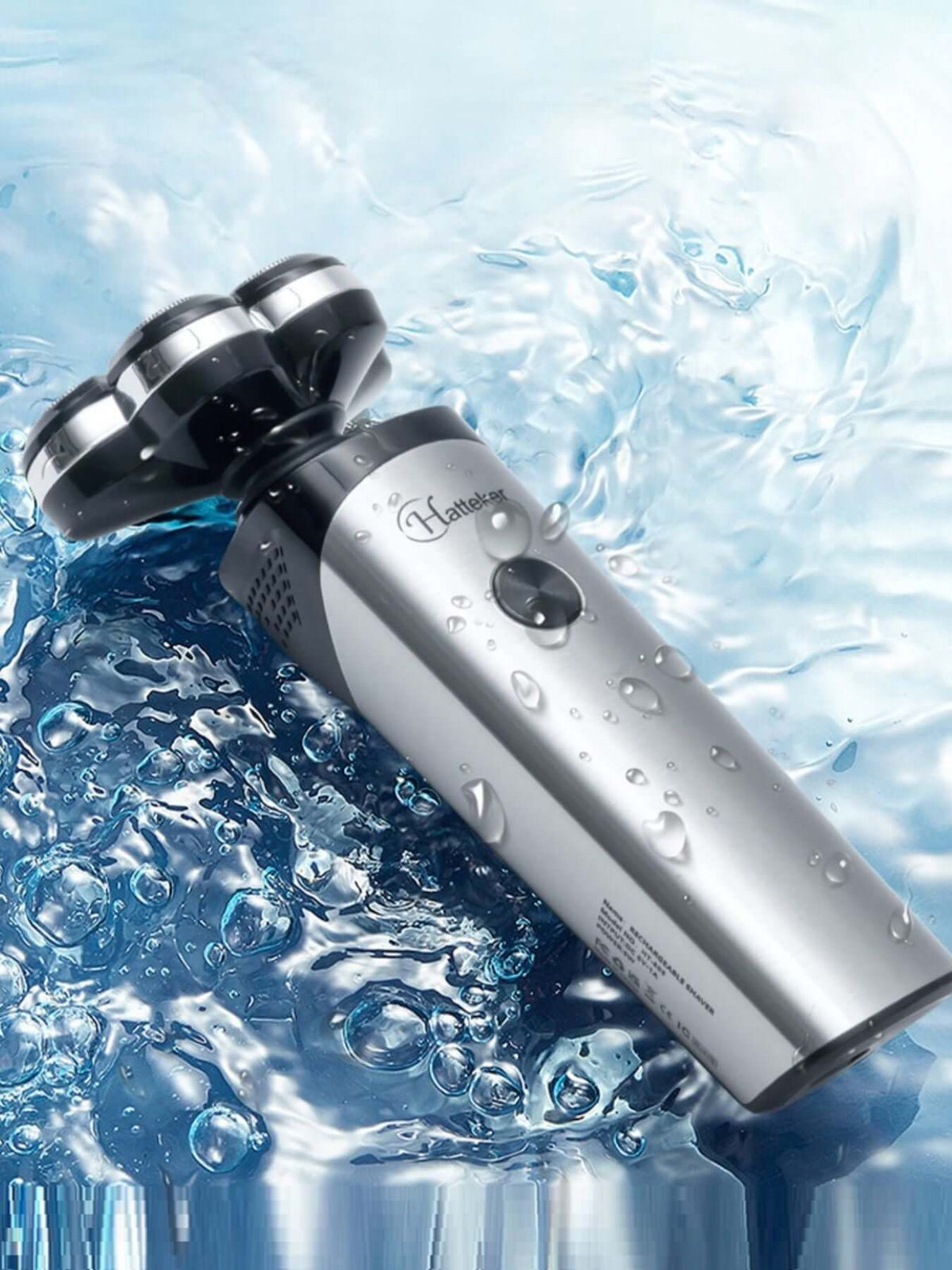 5-Head Rechargeable Electric Shaver floating on water, showcasing sleek design and waterproof feature.