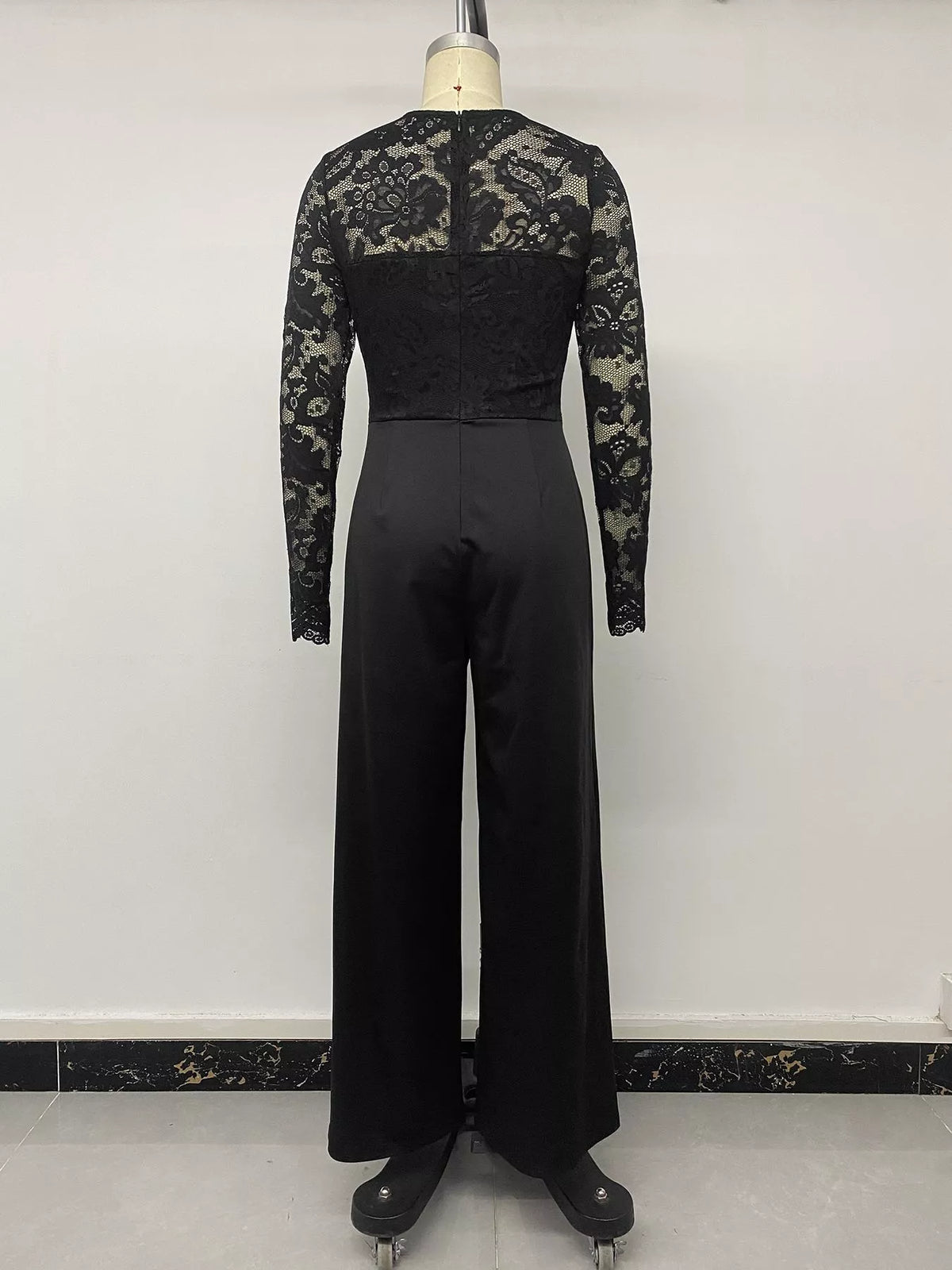Lace Long Sleeve Wide-Leg Jumpsuit in Black, view 10
