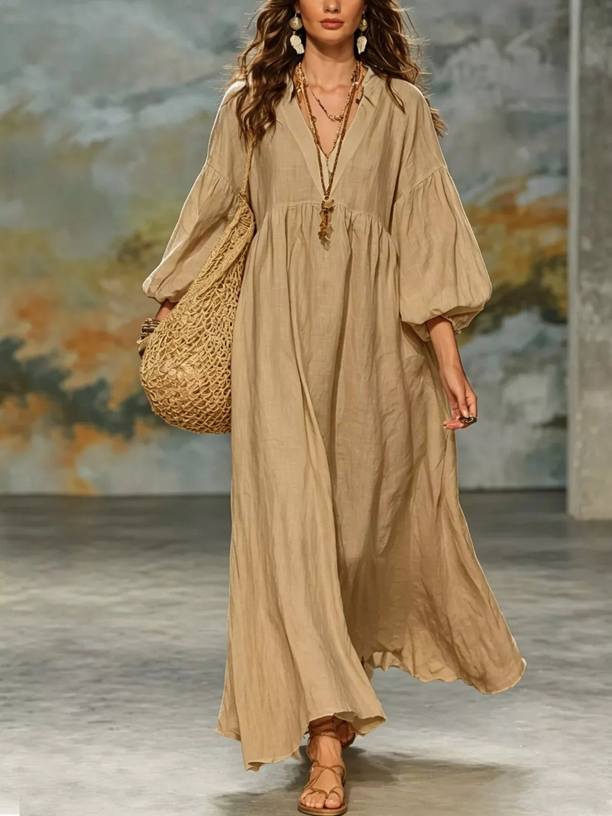 Full Size Notched 3/4 Sleeve Maxi Dress Plus Size