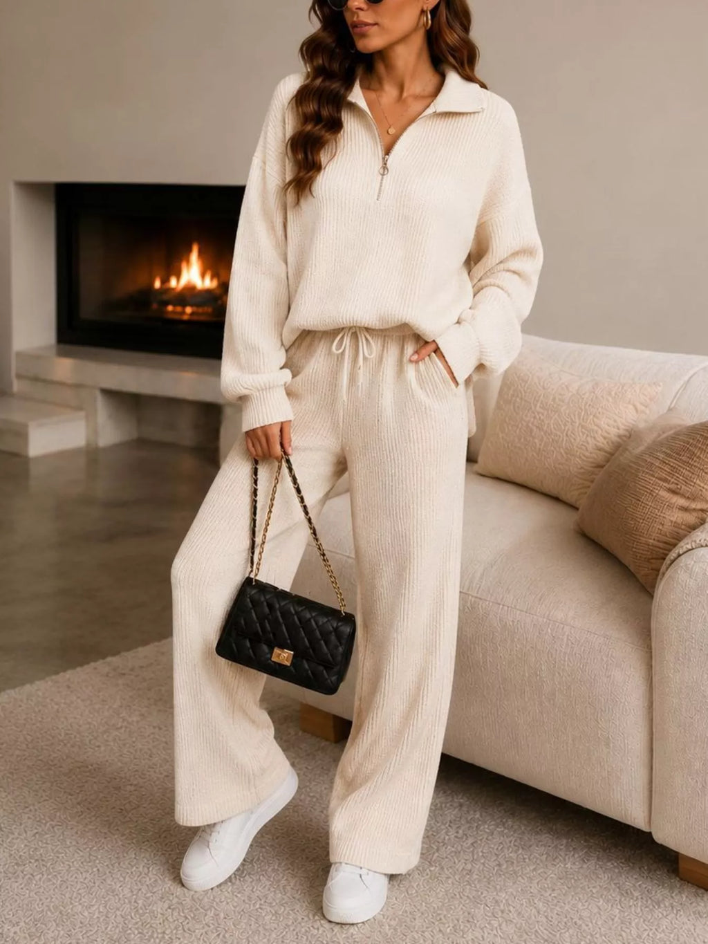 Ribbed Knit Quarter-Zip Top and Wide-Leg Pants Set - Lilixa.store