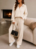 Ribbed Knit Quarter-Zip Top and Wide-Leg Pants Set - Lilixa.store