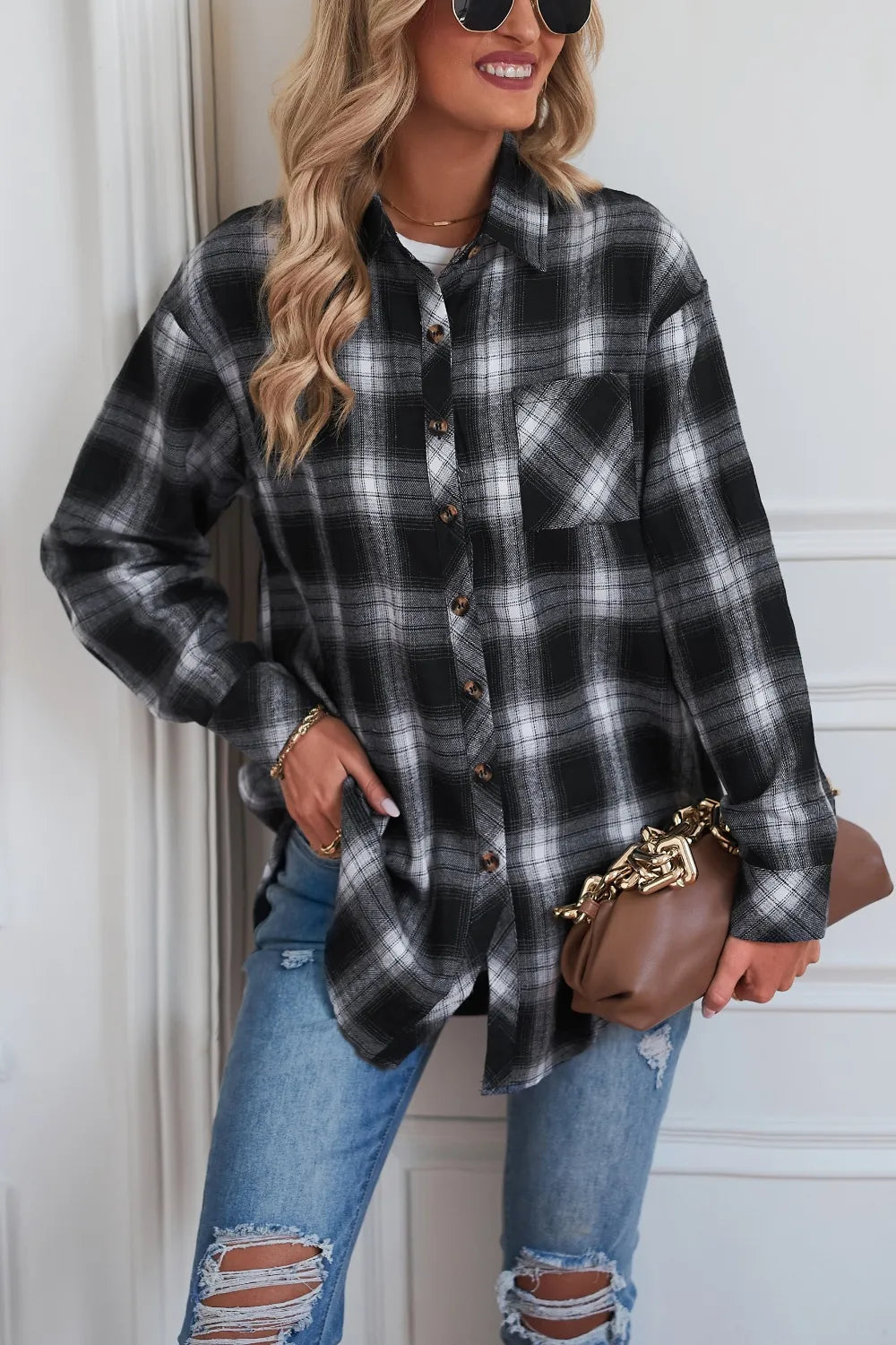 Plaid Button Up Dropped Shoulder Outerwear - Lilixa.store