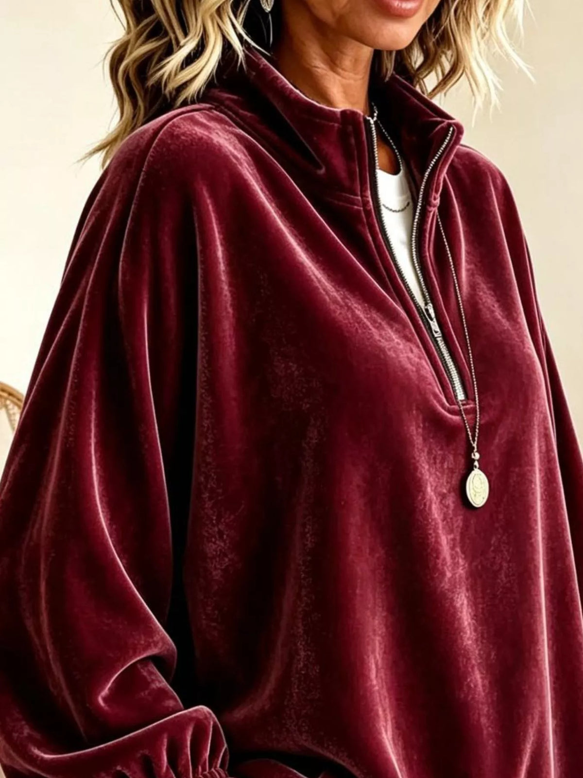 Velvet Quarter-Zip Sweatshirt with Ruffled Cuffs - Lilixa.store