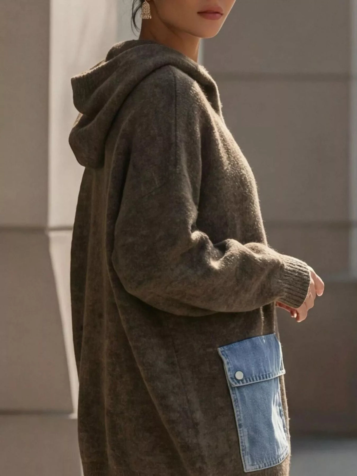 Contrast Denim Pockets Hooded Cardigan - Lilixa.store