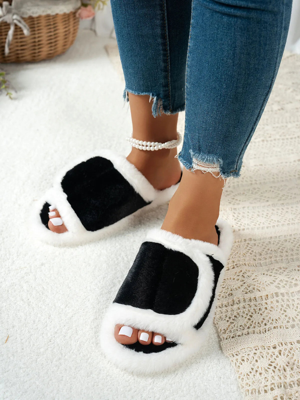 Fuzzy Open Toe Flats Slippers - Lilixa.store