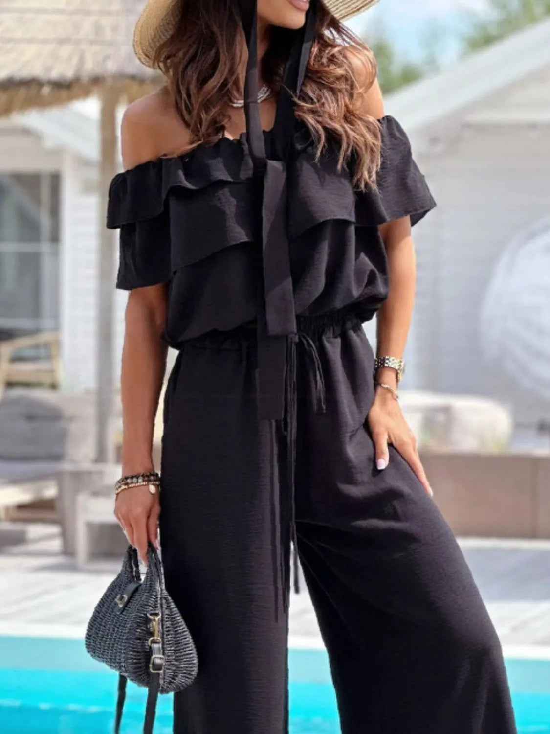 Off-Shoulder Ruffled Wide Leg Jumpsuit - Lilixa.store