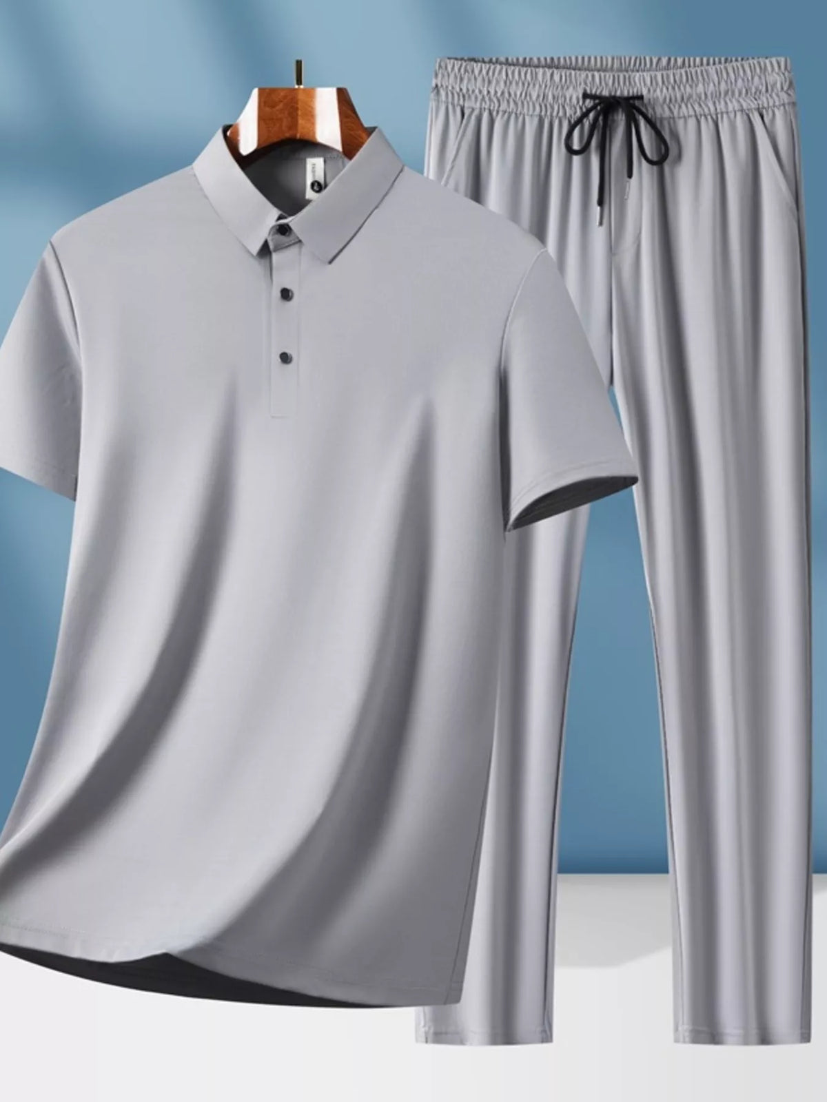 Men's Plus Size Button Detail Short Sleeve Top and Pants Set in Gray