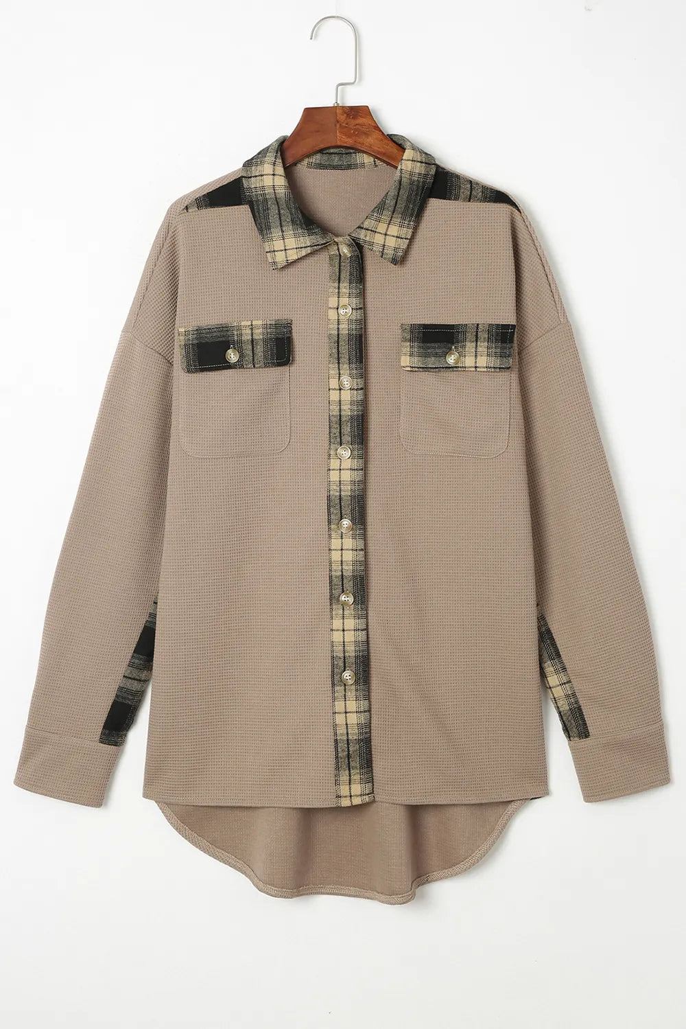 Plaid Button Down Collared Jacket in Tan