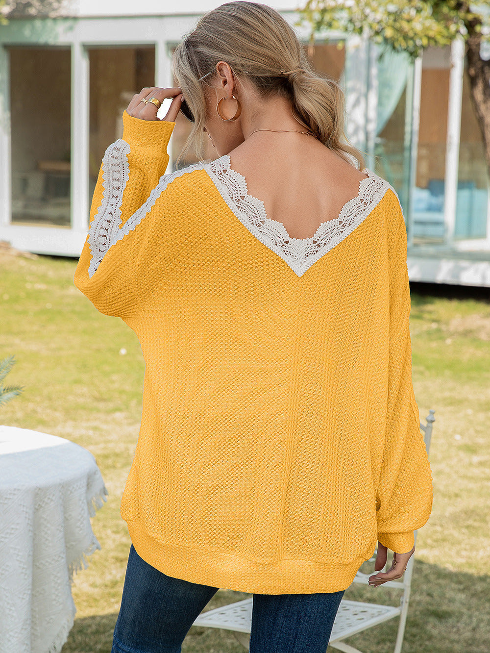 Ivy Lane Contrast Spliced Lace V-Neck Top, view 8