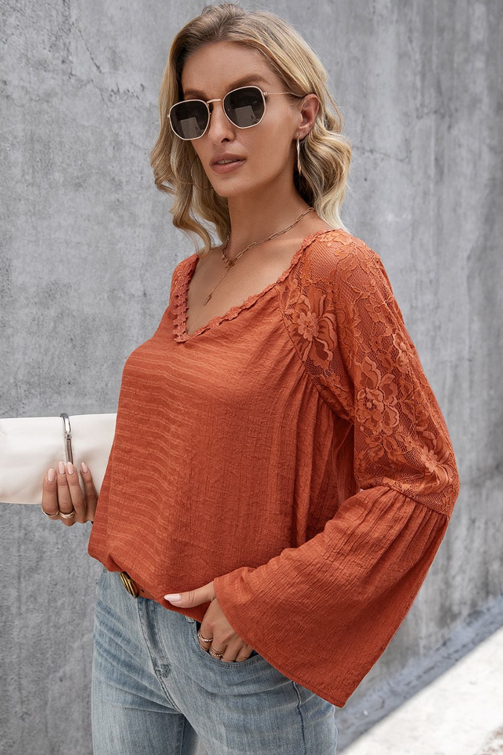 Ivy Lane V-Neck Spliced Lace Flare Sleeve Top, view 7