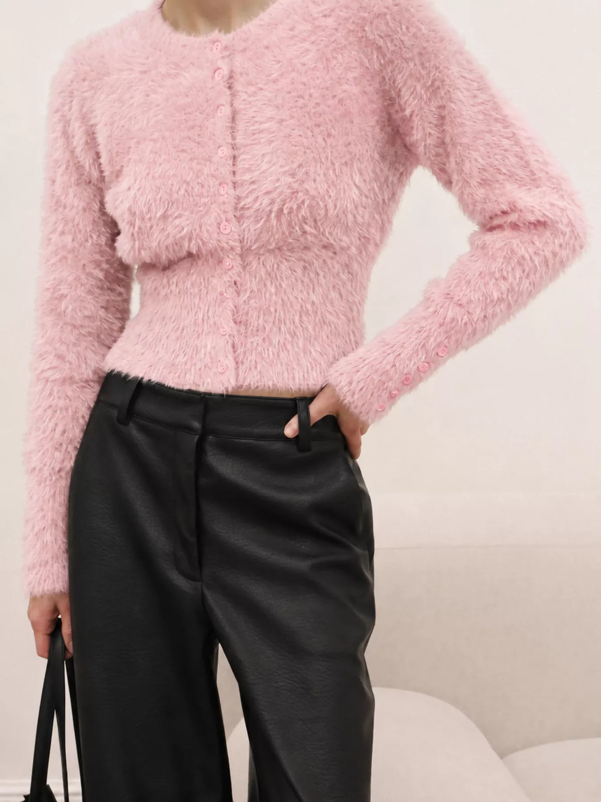Soft Fuzzy Button-Down Cropped Cardigan in Blush Pink