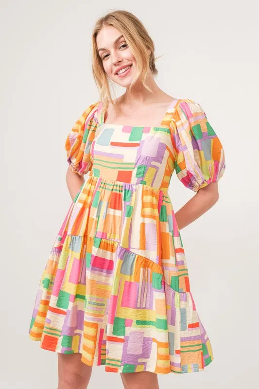 And The Why Square Neck Puff Sleeve Geo Printed Mini Dress - Lilixa.store
