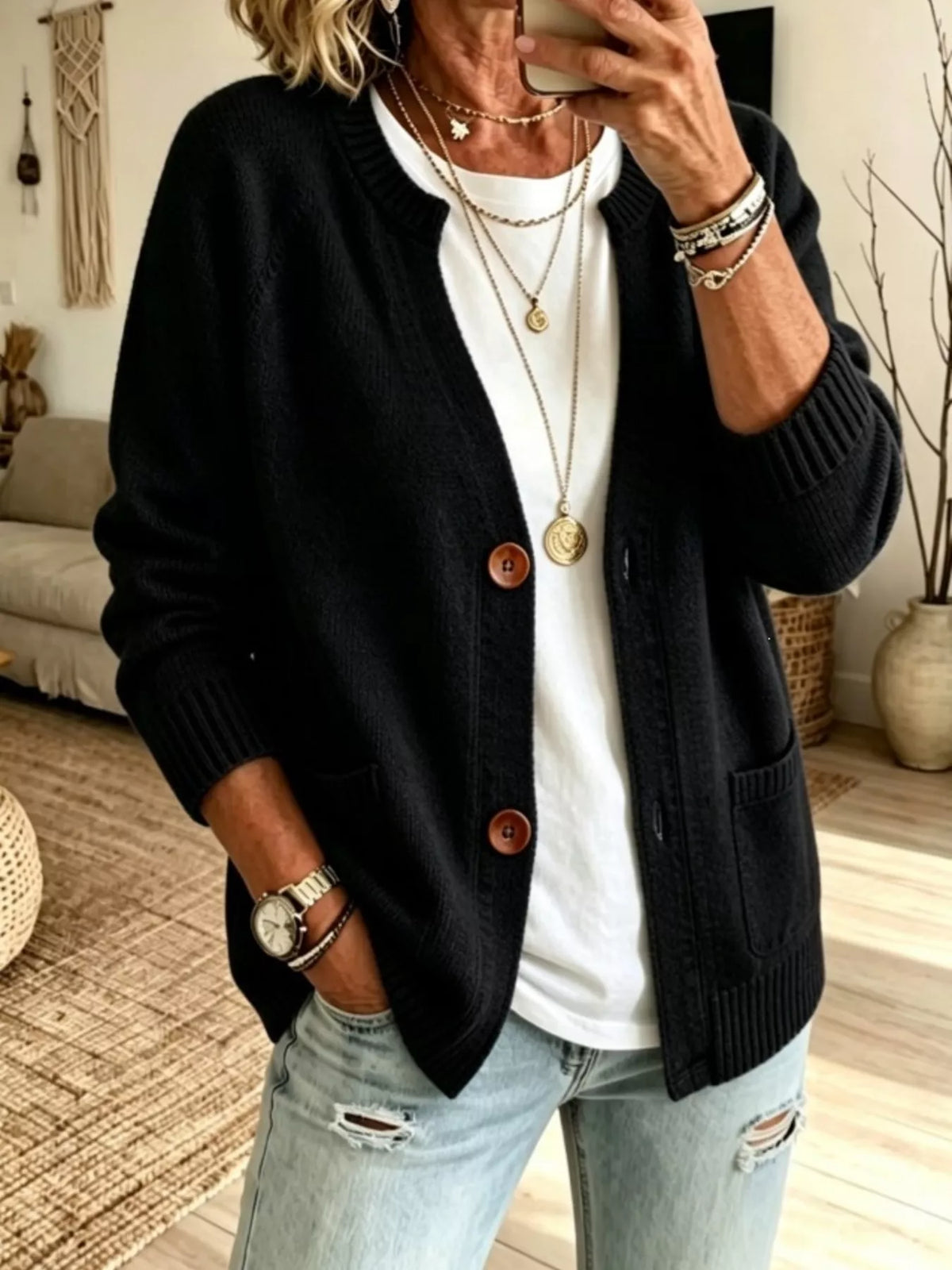 Full Size Button Up Raglan Sleeve Cardigan Plus Size