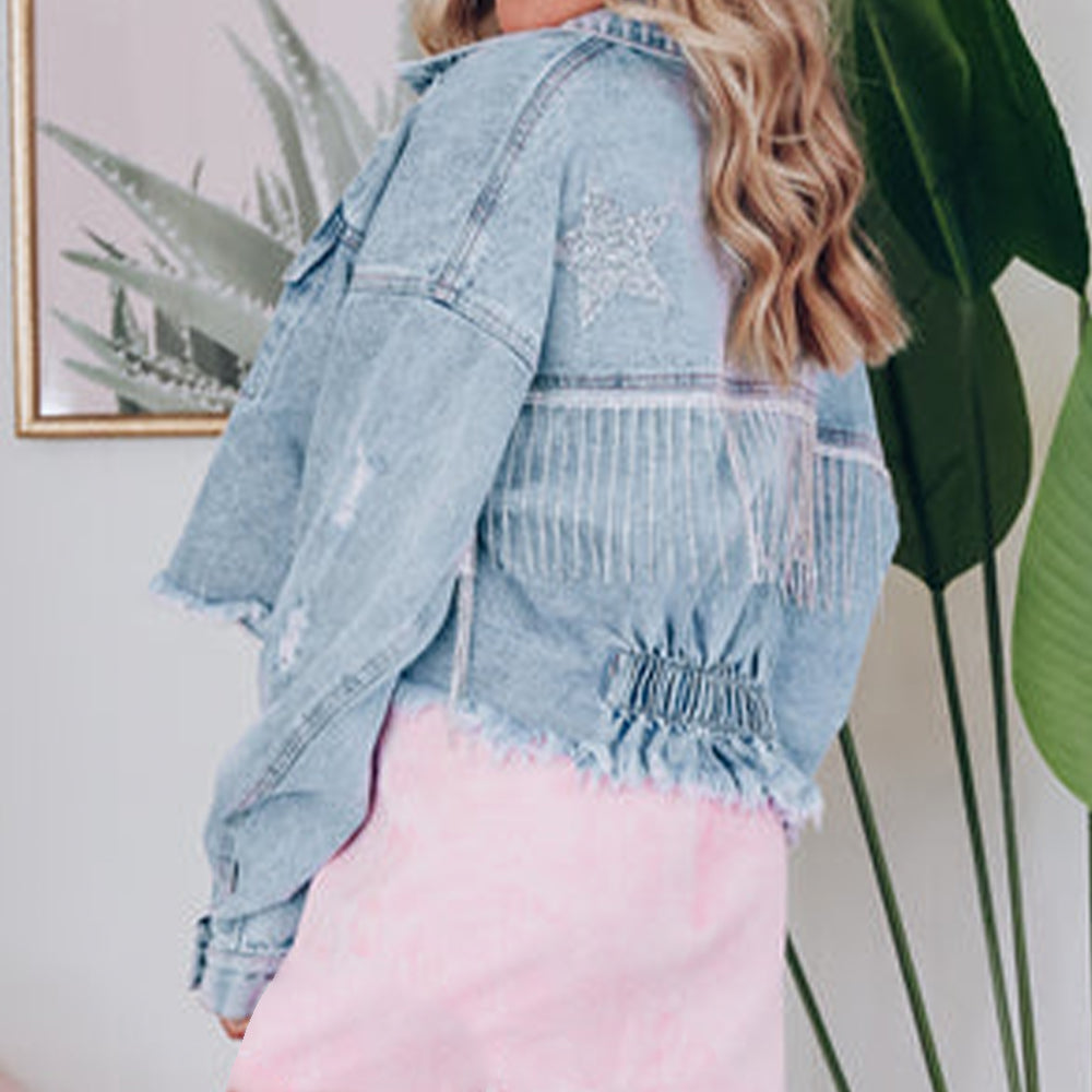 Distressed Raw Hem Denim Jacket, view 3