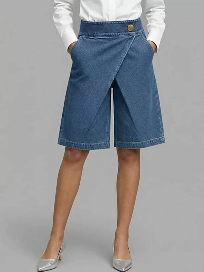 Full Size High-Waisted Wrap-Front Denim Look Shorts Plus Size in Dusty Blue