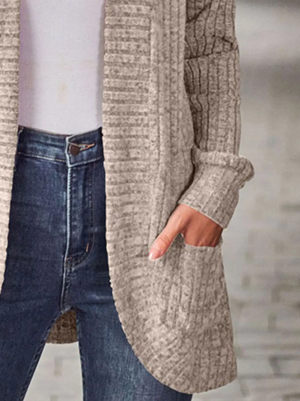 Ribbed Knit Open Front Cardigan with Pockets, view 8