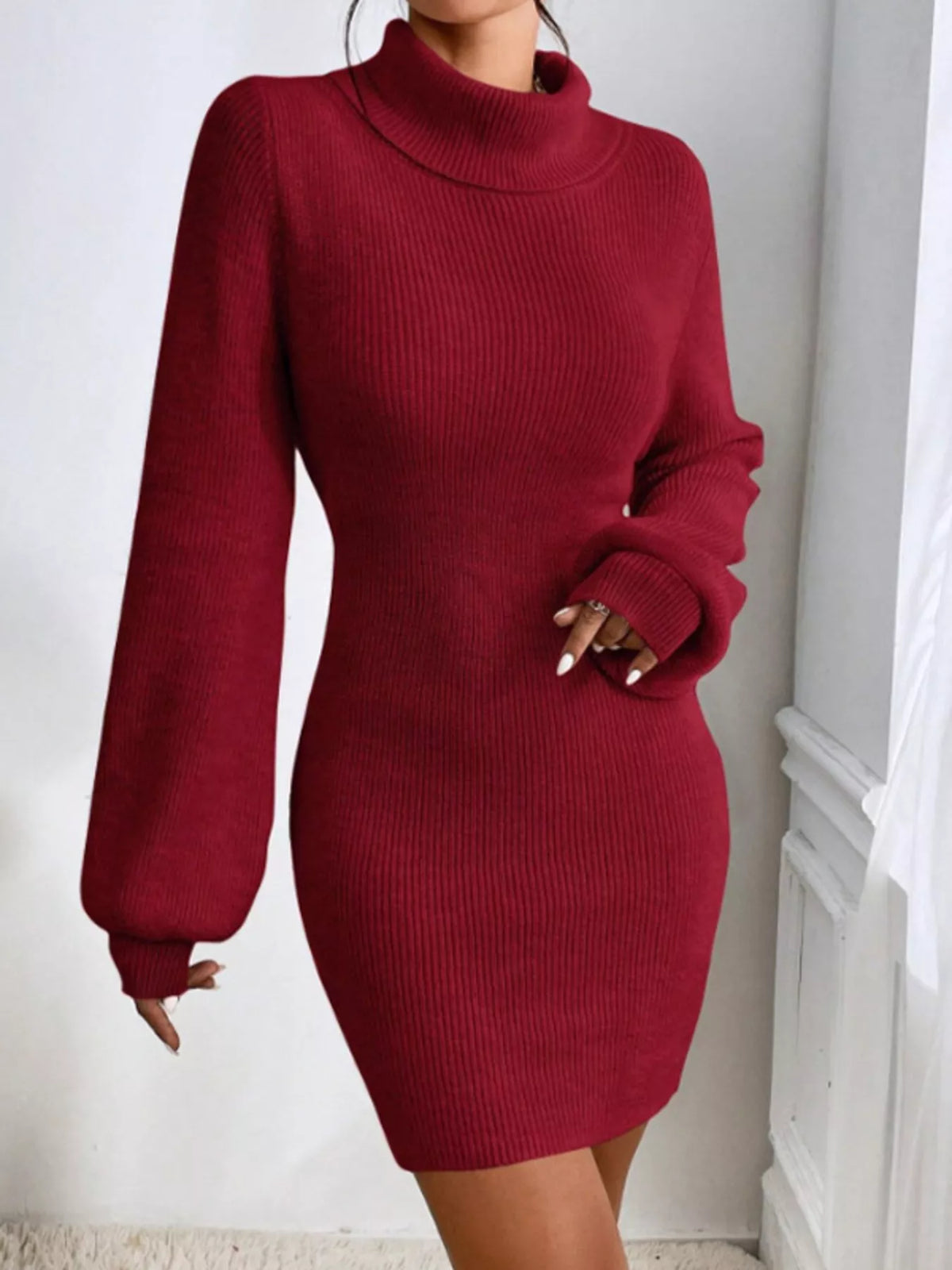 Turtleneck Ribbed Knit Sweater Dress in Wine Red