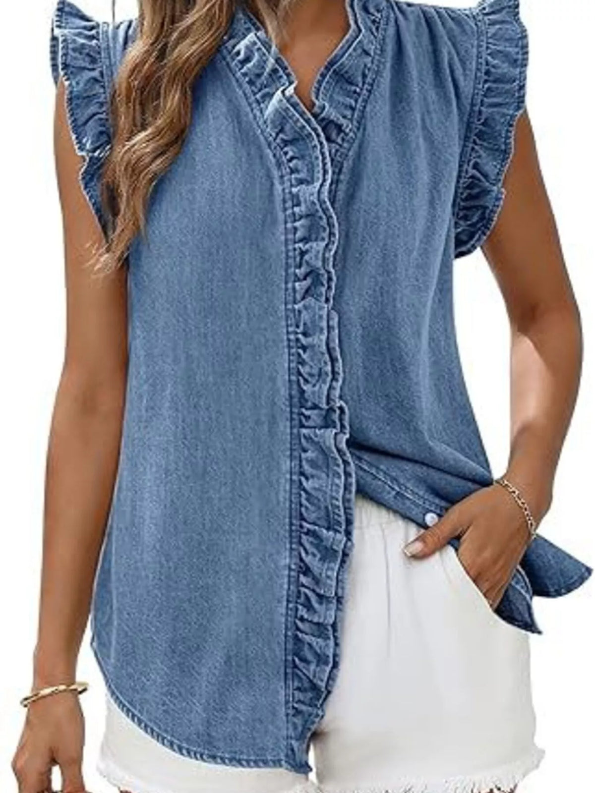 Ruffle Trim V-Neck Sleeveless Denim Top