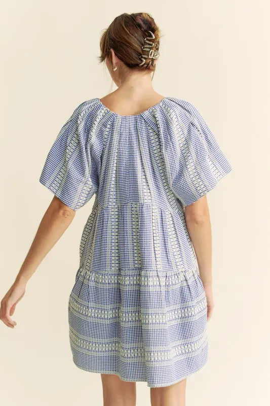 Davi & Dani Embroidered Stripe Ruffled Gingham Mini Dress - Lilixa.store