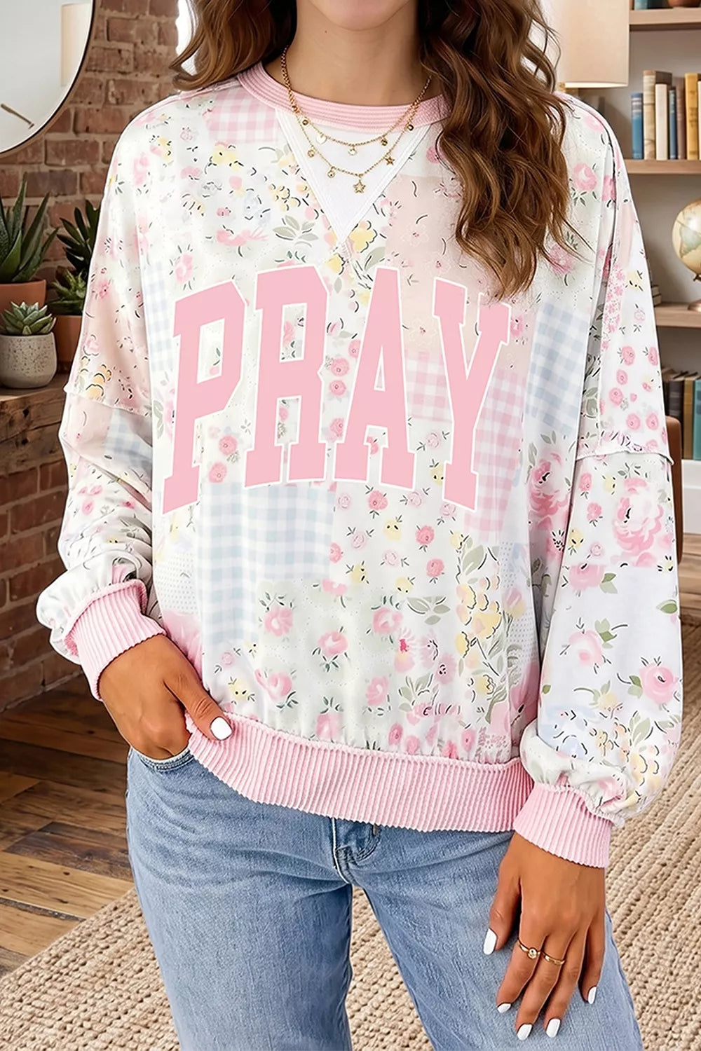 PRAY Graphic Floral Mixed Print Patchwork Top - Lilixa.store