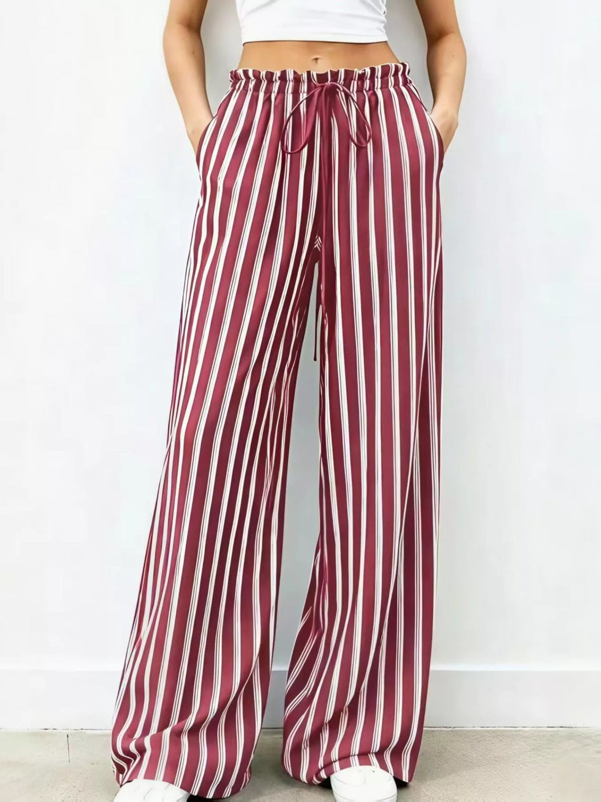 Striped Wide-Leg Drawstring Pants - Lilixa.store