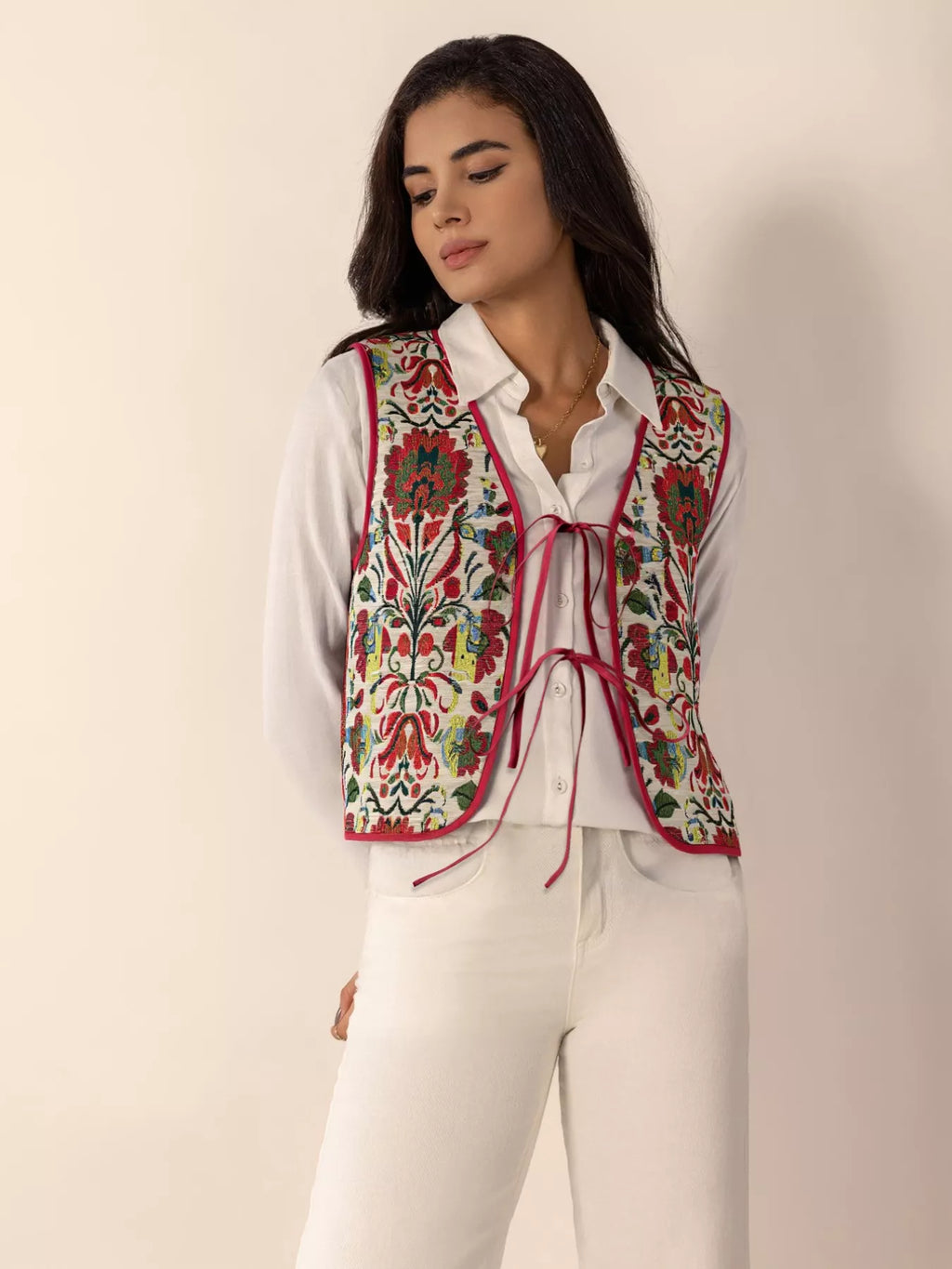 Floral Embroidered Tie-Front Vest Coat - Lilixa.store